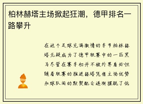 柏林赫塔主场掀起狂潮，德甲排名一路攀升