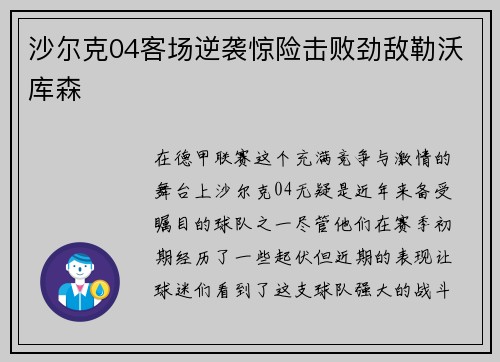 沙尔克04客场逆袭惊险击败劲敌勒沃库森