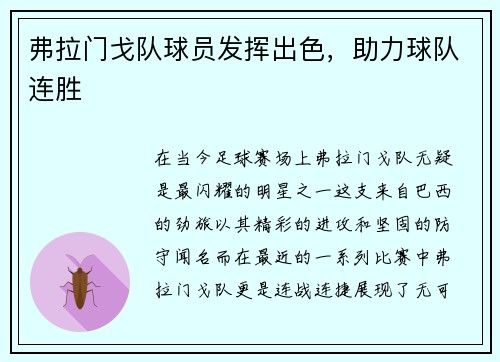 弗拉门戈队球员发挥出色，助力球队连胜